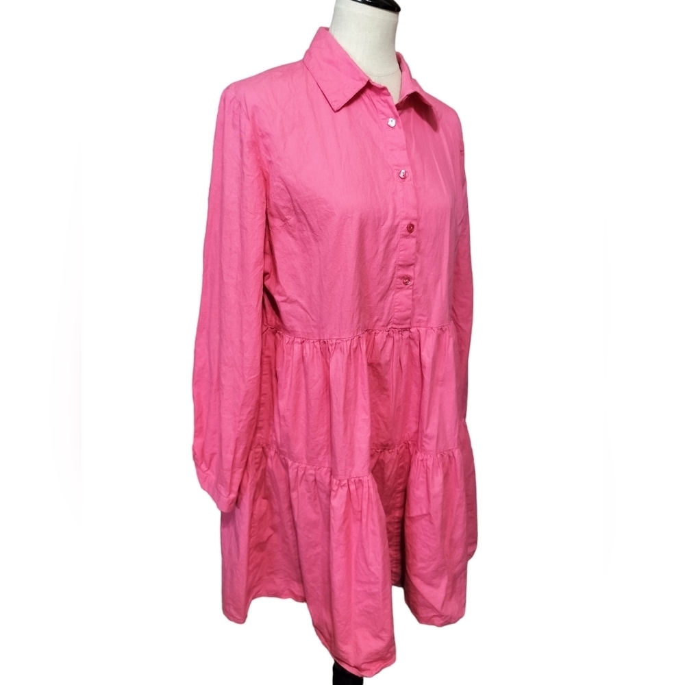 2561)New York & Co Pink Button down Tiered Poplin Long Sleeve Shirt Dress Size L - Picture 2 of 10
